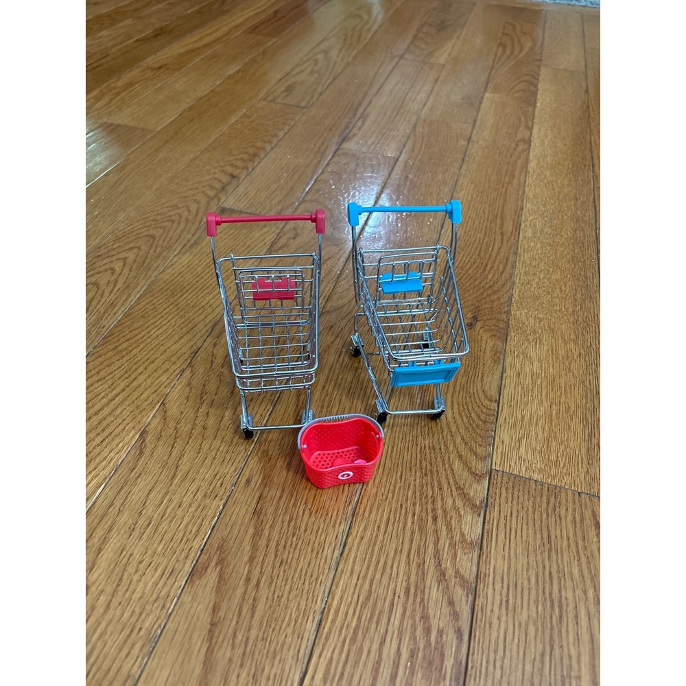 Miniature Shopping Cart and Basket Set Metal Wire Desk Accessory 3pc Red Blue